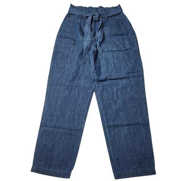 J Crew Chambray Paper Bag Jeans Tie Waist Relaxed Crop Wide Leg Cotton Hemp 0 - Picture 3 of 10